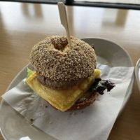 a bagel sandwich with vegan meat, egg, and cheese  at New Cascadia Traditional in Portland