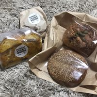 Pumpkin bagel sandwich ¥420, curry pan ¥280, croquette burger ¥480, and Vegan special something ¥280 at 5:30pm ! at Morethan Bakery in Tokyo