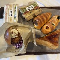 sunday fully vegan: fruit sandwich, potato croquette burger, veggie sandwich, french toast, pizza bread, chocolate mouse horn  at Morethan Bakery in Tokyo
