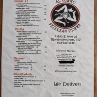 Menu as of February 2025, pg 1 of 2 at Al Forno Ferruzza Pizza in Rhododendron