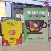 No extra charge for plant milks. There is also a vegan pie. at Muffin Break in Kangaroo Flat