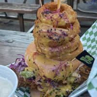 Massive chicken sandwich with happea sauce  at HapPea Vegans in Austin