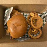 Bluto (we ordered to go so we couldn’t get the onion ring tower)  at HapPea Vegans in Austin