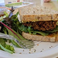 Black bean and sweet potato burger with side salad at Good Life Organic Kitchen in Lancaster