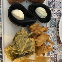 Appetizer for two (fried sage, fried artichoke, and AMAZING bruschetta   at Status Quo in Rome