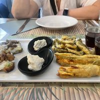 Antipasti- fried sage leaves, courgette flowers and chestnut bruschetta   at Status Quo in Rome