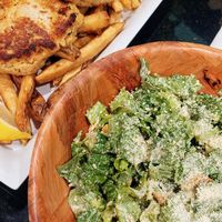 Crab cake platter (hearts of palm/chickpea) and Caesar salad, large portions at Boardwalk Vegan in Havertown