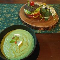 HM Burger and spinach soup at Healthy Mania in Phuket