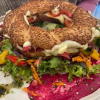 Turkish bagel with roasted peppers and gouda cheese at The Garden Cafe & Restaurant in Budapest