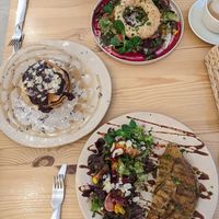 Oriental pesto sandwich(vegan), Chickpea omelette and Belgian chocolate pancakes at The Garden Cafe & Restaurant in Budapest