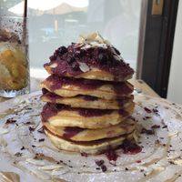 Vegan pancakes with seasonal fruit compote  at The Garden Cafe & Restaurant in Budapest