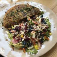 Chickpea omelette (v) with vegan cream cheese, spinach, and mushrooms   at The Garden Cafe & Restaurant in Budapest