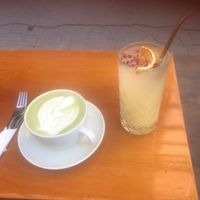 Pineapple juice and Machalatte at The Garden Cafe & Restaurant in Budapest