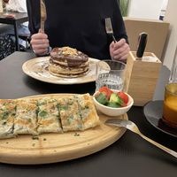 Belgian chocolate pancakes and spinach gozleme  at The Garden Cafe & Restaurant in Budapest