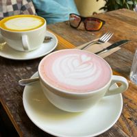 Beetroot and turmeric latte w oat milk 8/10  at The Garden Cafe & Restaurant in Budapest