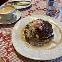 Dark chocolate pancakes with oat milk latte  #Veganuary at The Garden Cafe & Restaurant in Budapest