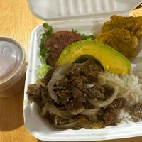 LA MIXTA HP (soy steak & onions, white rice and red beans, salad, avocado, and fried plantains)  at 100% HP in San Juan