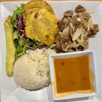 Mixed “carne” plate with red beans, rice, tostones and avocado   at 100% HP in San Juan