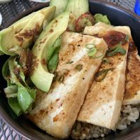 Bento bowl for lunch with tofu, avocado, and a small salad  at Japanese Grandma's in Hanapepe