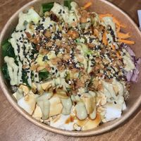 Vegan poke bowl with added crushed onion  at Poké Hut in Tenerife