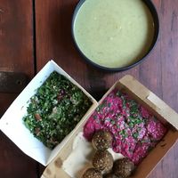 beetroothummus and falafel, broccoli cream soup at Hrana Pământului in Timisoara