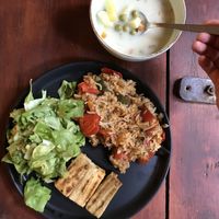 grilled tofu, rice with vegetables, veggie soup at Hrana Pământului in Timisoara