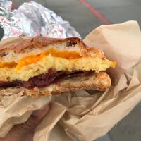 Vegan bacon, egg, and cheddar sandwich at The Happy Vegan in San Francisco