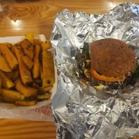 Burger and Butternut Squash Fries at Vegan Time Cafe in Stone Mountain