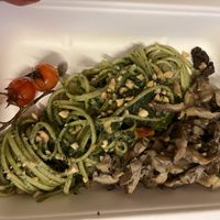 Straccetti di Funghi Pleurotus, Peperoncino Fresco e Pomodorini Confit & 
Linguine con Pesto di Cavolo Nero, Tartufo e Nocciole Tostate  at Nativa in Rome