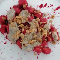 Beetroot gnocchi with walnuts and gorgonzola at Nativa in Rome
