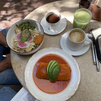 chilaquiles, burrito, jugo verde, latte with oat milk, and an americano--all absolutely delicious!   at La Cabra Iluminada in San Miguel De Allende