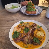 Rice with fried oystermushrooms, veggies and sauce at La Cabra Iluminada in San Miguel De Allende