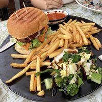 Burger with fries and homemade ketchup   at Nokum Space - 공간 녹음  in Seoul