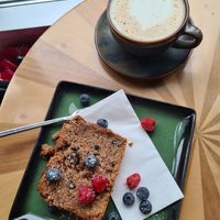 Walnut cake + Chai latte with soy milk at Notting Hill Café in Munich