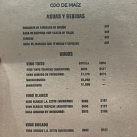 Menu as of May 29, 2022  at Ojo de Maíz in Mexico City