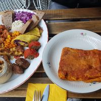 Vegan aperitif mix (€20 for two people) and soy lasagna at La Schiscetteria in Milan