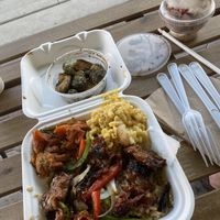 Brussels sprouts, Mac and “ cheese”, candied yams, rice and peppers and onions and this “rib” meat was amazing.  Wish  it had more “meat” and less rice.   at C4Eats in Hollywood