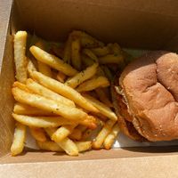 Detonator chicken sandwich with fries at C4Eats in Hollywood