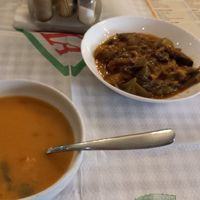 Bean stew, grilled mixed vegetables and bread. at Te Becqua in Sarande