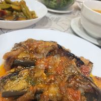 Stuffed eggplant, Okra stew, Bean soup, Green salad  at Te Becqua in Sarande