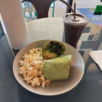 Veggie wrap with vegan popcorn and spring street smoothie  at The Juice Stop in Jupiter