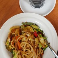 Vegan udon & black sesame latte at Coffee Why Not in Berlin