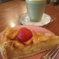 Apple cake and matcha latte at Coffee Why Not in Berlin