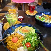 Rice breakfast bowl with scrambled tofu at Coffee Why Not in Berlin