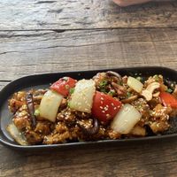 Yuzu chicken dish, likely made from mushroom   at Golden State Vegan Sushi in Bangkok