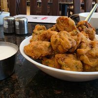 Mushroom fritters with vegan mayo dipping sauce. They may not look like much, but they were so great.  at Ashiana Vegetarian Restaurant in Nairobi