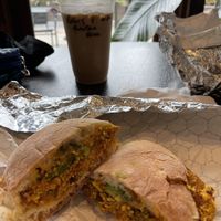 Animal style breakfast sandwich and potters potion  at Source Coffeehouse in Bridgeport