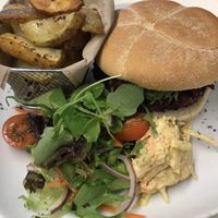 Black bean, beetroot, and mushroom burger with side salad and fries. Delicious   at Vegan Earth in Ayr