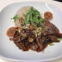 Special of the day: Chinese style seitan strips with rice. “Best meal in a vegan cafe, ever”   at Vegan Earth in Ayr