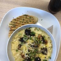 Today’s special- Mac n cheeze with chilli tofu & black pudding   at Vegan Earth in Ayr